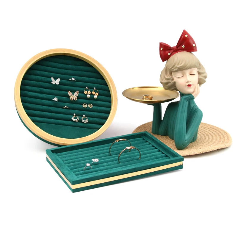 Bamboo Wood Earring Ring Organizer Exhibitor Jewelry Display Tray Microfiber Flannelette Ring Plate Window Showcases Rack