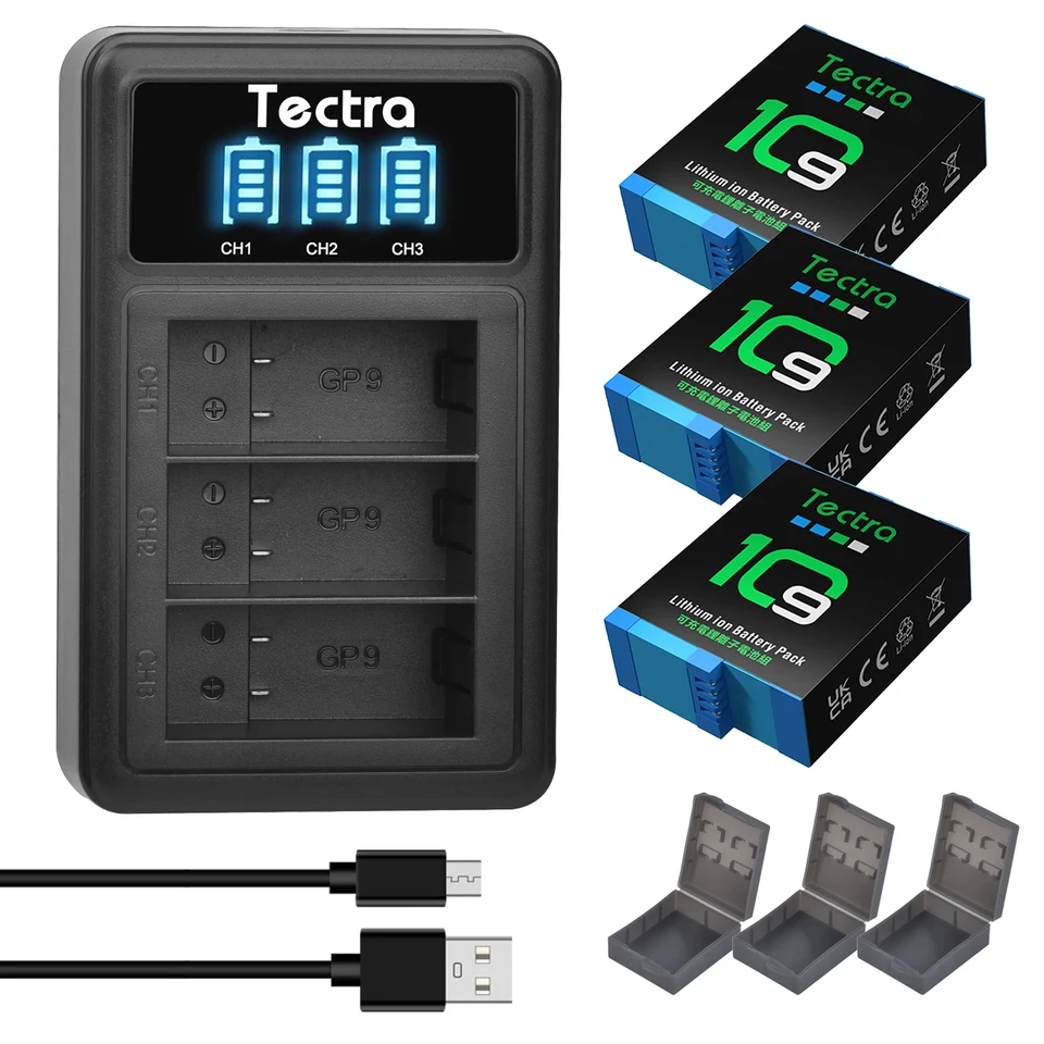 Smatree Accu 3-pack 1800mAh compatibel met GoPro Hero 12, GoPro Hero 11, GoPro Hero 10 en GoPro Hero 9,3-kanaals accusnellader compatibel met GoPro Hero 12 /11/10/9 accu