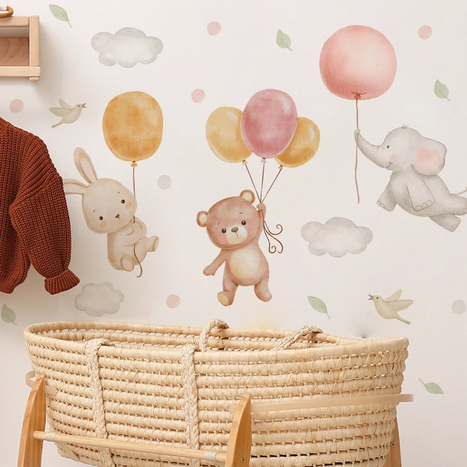 Luminous Wall Stickers Wall Stickers Vinyl Decal Stickers Watercolor Cartoon Bear Rabbit Balloons Clouds Wall Sticker for Kids Room Home Decor