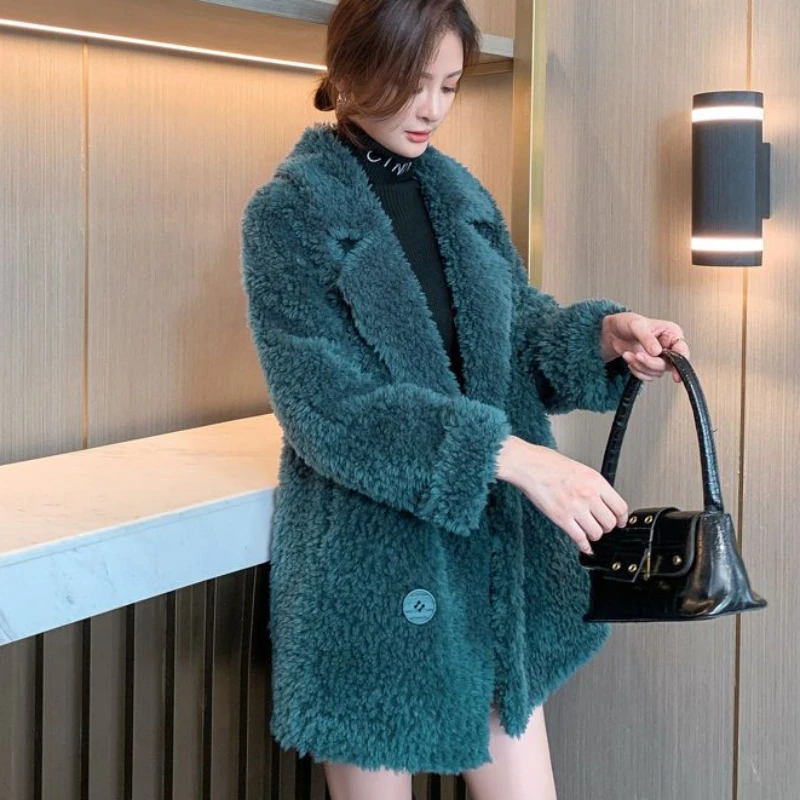 2023 Winter New Women Faux Fur Coat Mid Length Version Loose Outwear Thicken Warm Lamb Wool Parkas Fashion Solid Color Outcoat