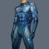 Fashion Men's Sexy Wear Luxury Full Rhinestone Jumpsuit Spandex Bodycon Party Nightclub DJ Stage Performance Muscular Man Juren 1