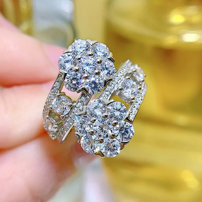 Bague en diamant fleur Moissanite pour femme, 100% réel, argent regardé 925, bague de mariage, promesse, fiançailles, cadeau de bijoux, fête