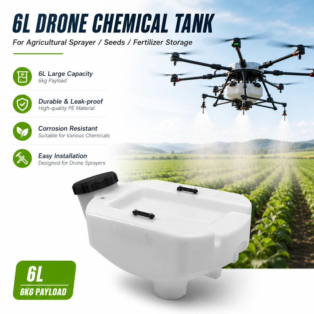 Vue de face du réservoir 10L pour drone agricole, avec ses fixations et son orifice de remplissage, adapté à la pulvérisation et l'épandage.