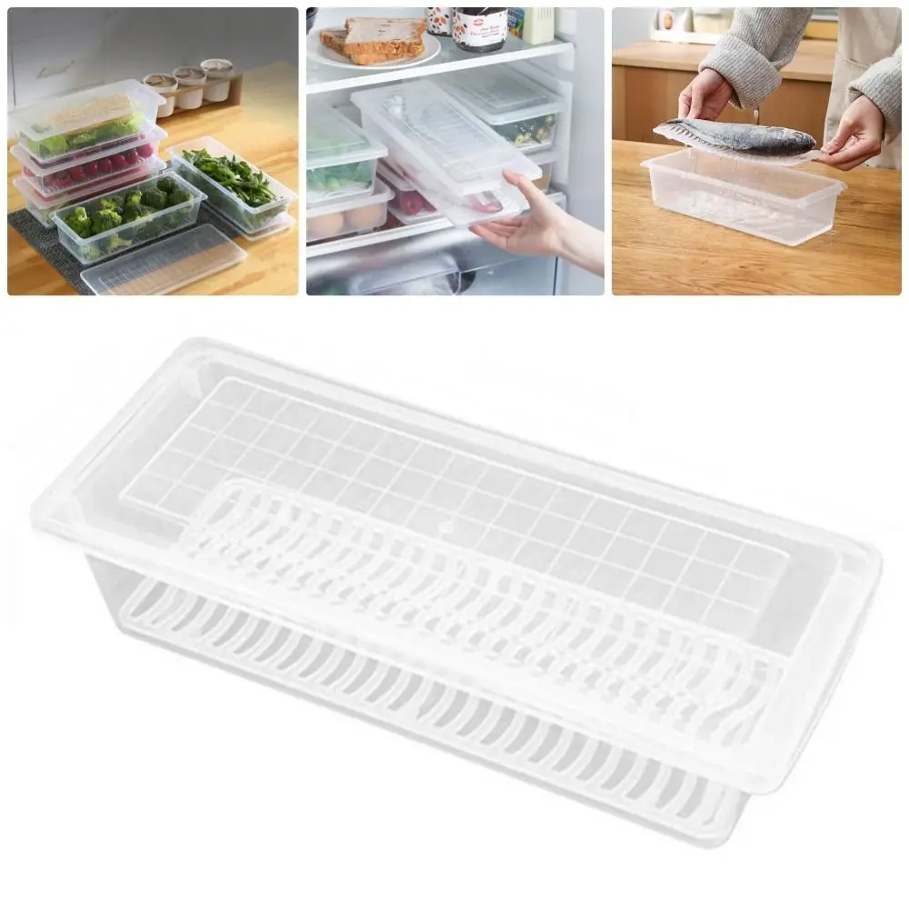 Refrigerator Frozen Fish Drain Crisper Kitchen Sorting Storage Box Food Grade PP Rectangular Refrigerator Box with Lid Organizer