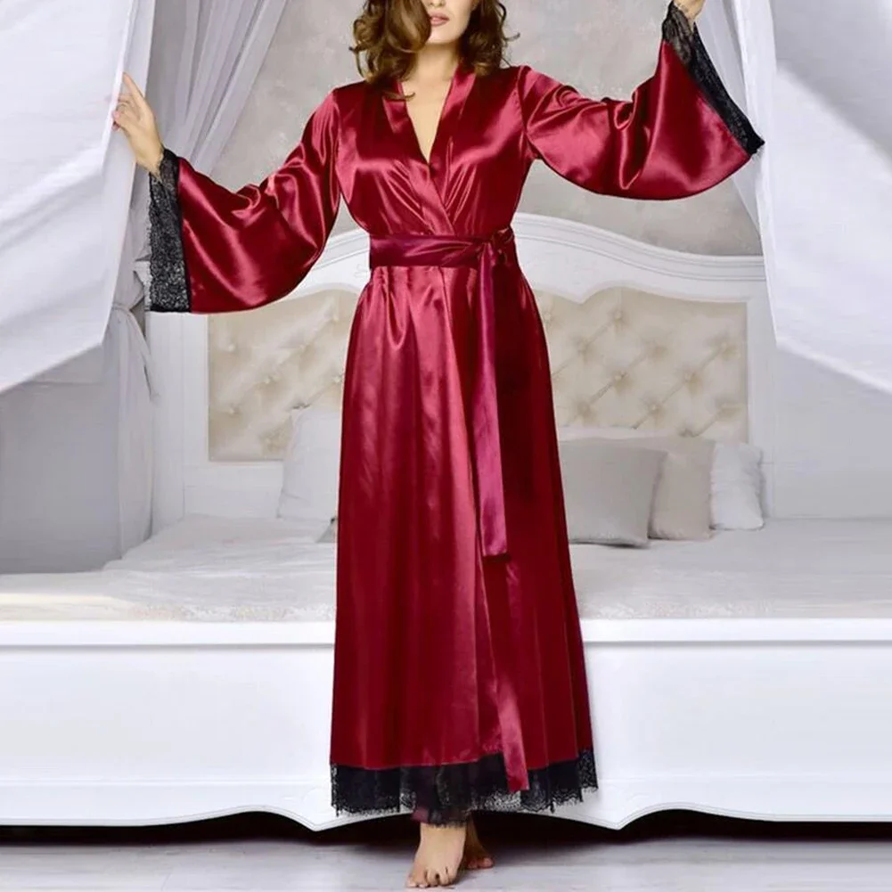 Women Long Bathrobe Kimono Robe Satin Nightdress Nightgown Nightwear Sleepwear Soft Sexy Home Perspective Cardigan Nightwear