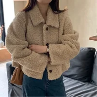 Autumn Winter New Style Short Lamb Velvet Jacket Turn-down Collar Single Button Loose Versatile Top Women's Thickened Polyester