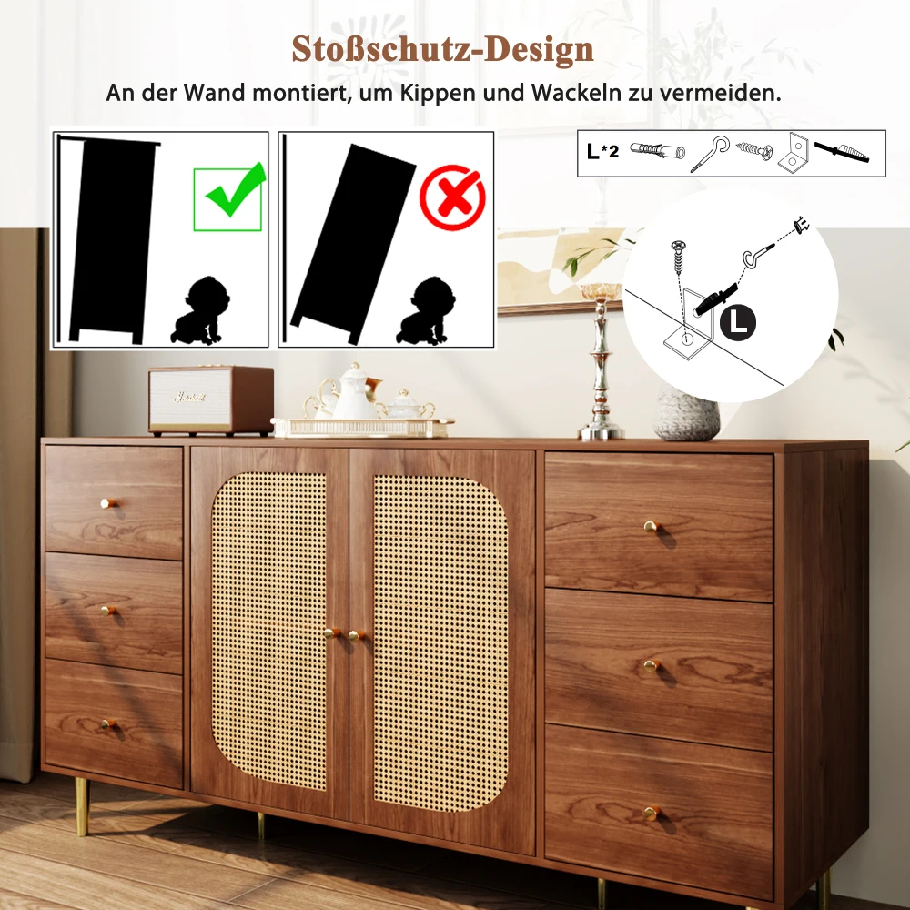 160 x 40 x 90 cm braunes Rattan-Sideboard, unabhängiger Aufbewahrungsschrank aus Holz mit Schublade für Küche, Zuhause und Wohnzimmer – Detail 10