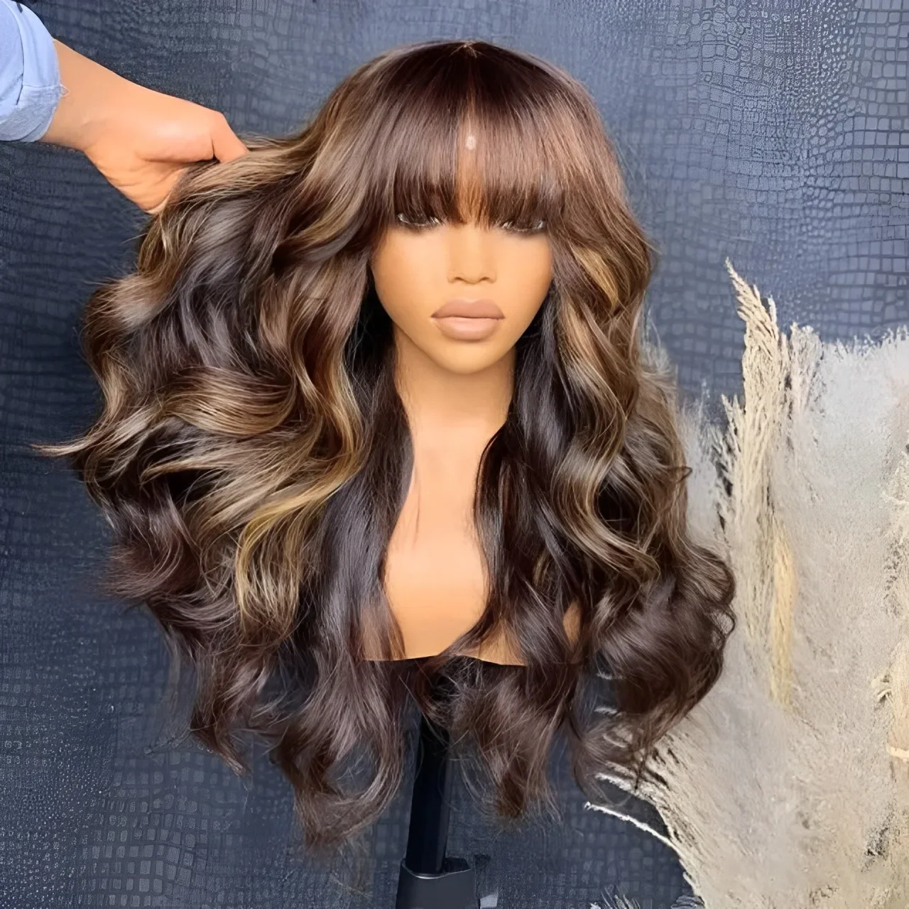 Human Hair Wigs 180D Body Wave With Bangs Ombre Blonde Brazilian For Women