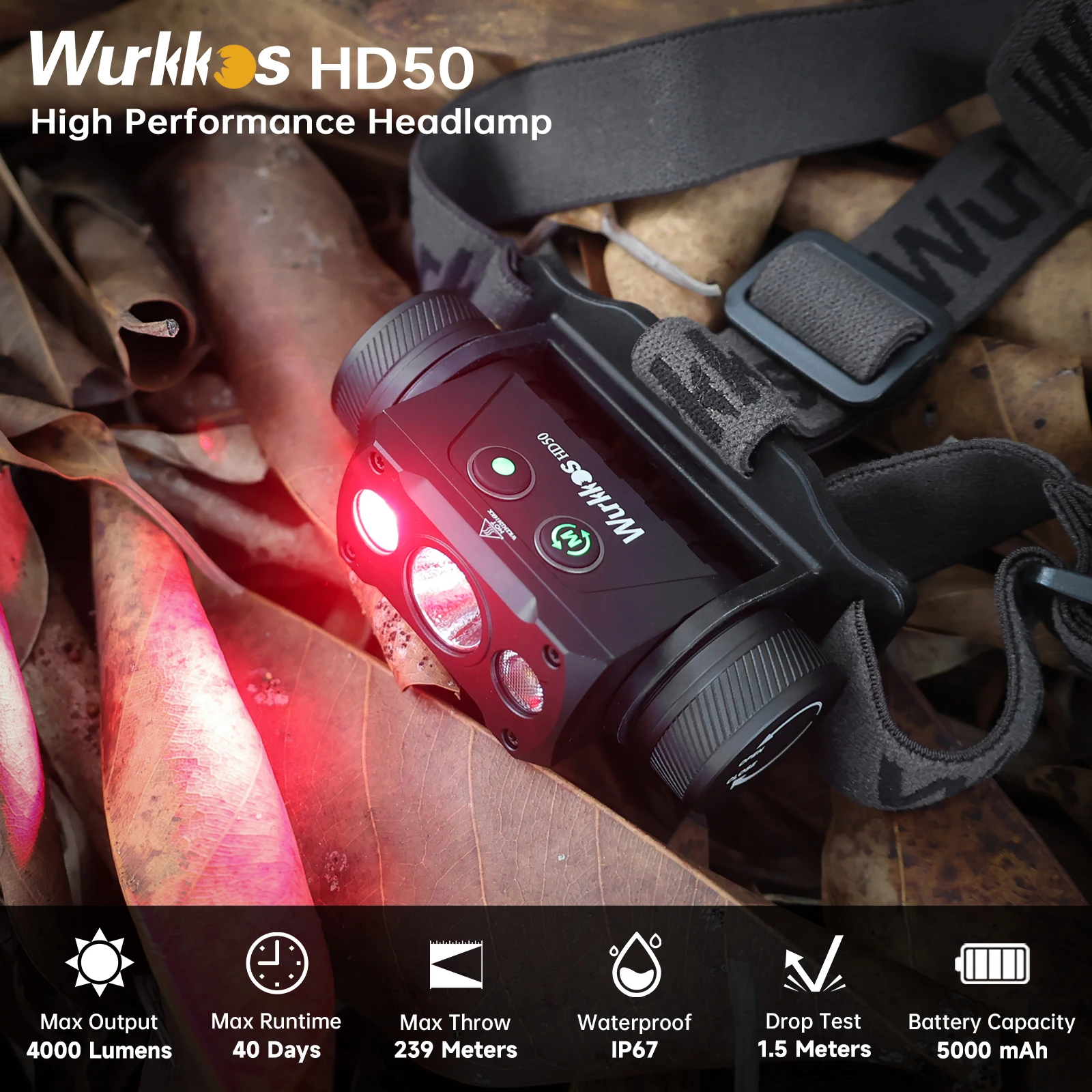 Lampe frontale Wurkkos HD50 4000lm étanche IP67 avec lumière rouge pour pêche