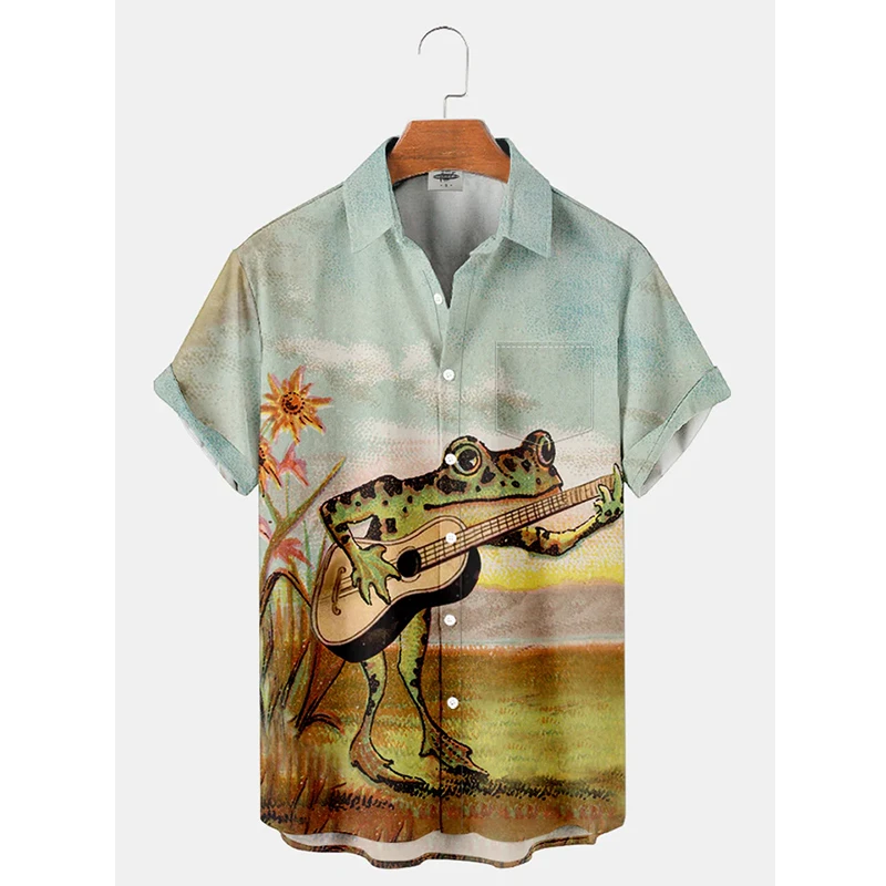 thumbnail image 1 of Camisa hawaiana divertida para hombre, estampado 3D de rana, blusa hawaiana de verano para playa, blusa informal de manga corta con solapa, ropa de calle para hombre, 1 of 5