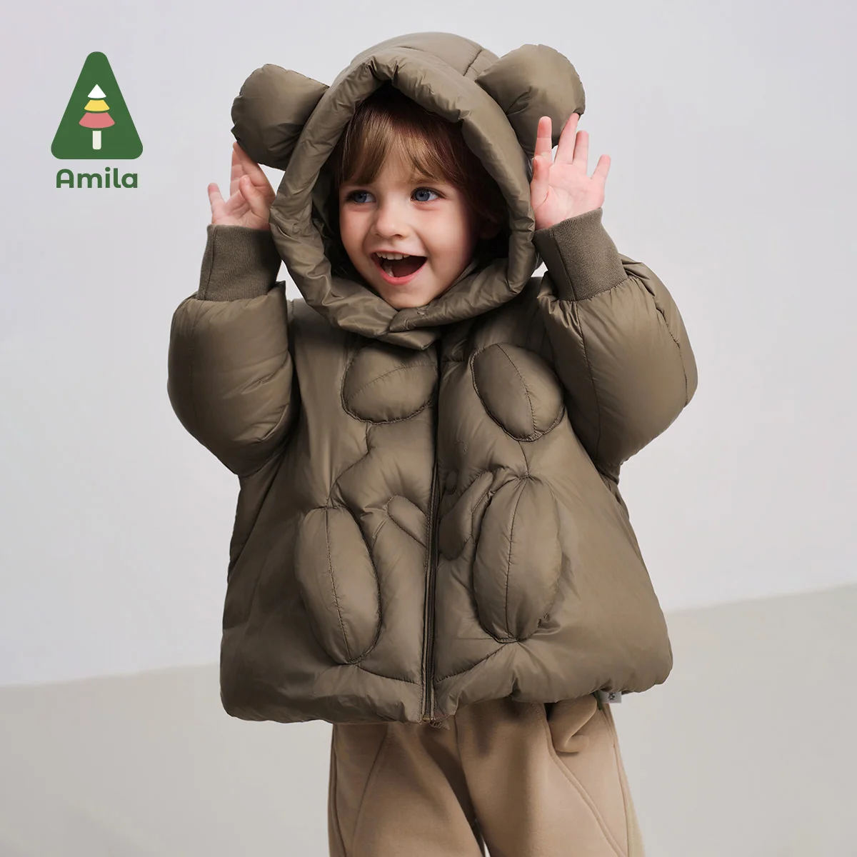 Amila Baby Down Jacket Winter Boys And Girls Solid Color Bear Hooded Basic Warm Loose Casual Children&rsquo;s Jacket
