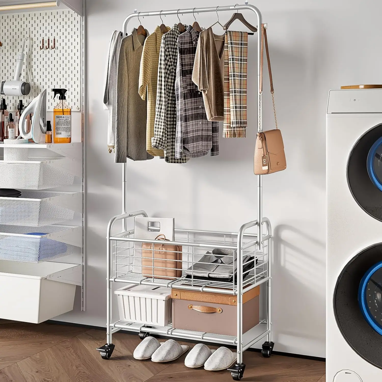 Laundry Basket with Wheels Rolling Laundry Hamper Laundry Sorter Cart Shelf Hanging Rack,Grey 3