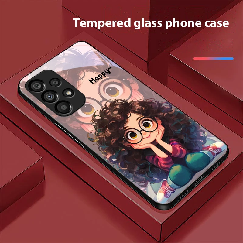 Curly Haired Girl Black Tempered Glass Phone Case - Hard Shell