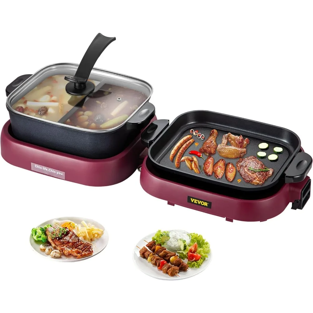 

2 in 1 Electric Grill and Hot Pot, Foldable BBQ Pan Grill, 2100W Multifunctional Dual Temp Control, with Nonstick Coating