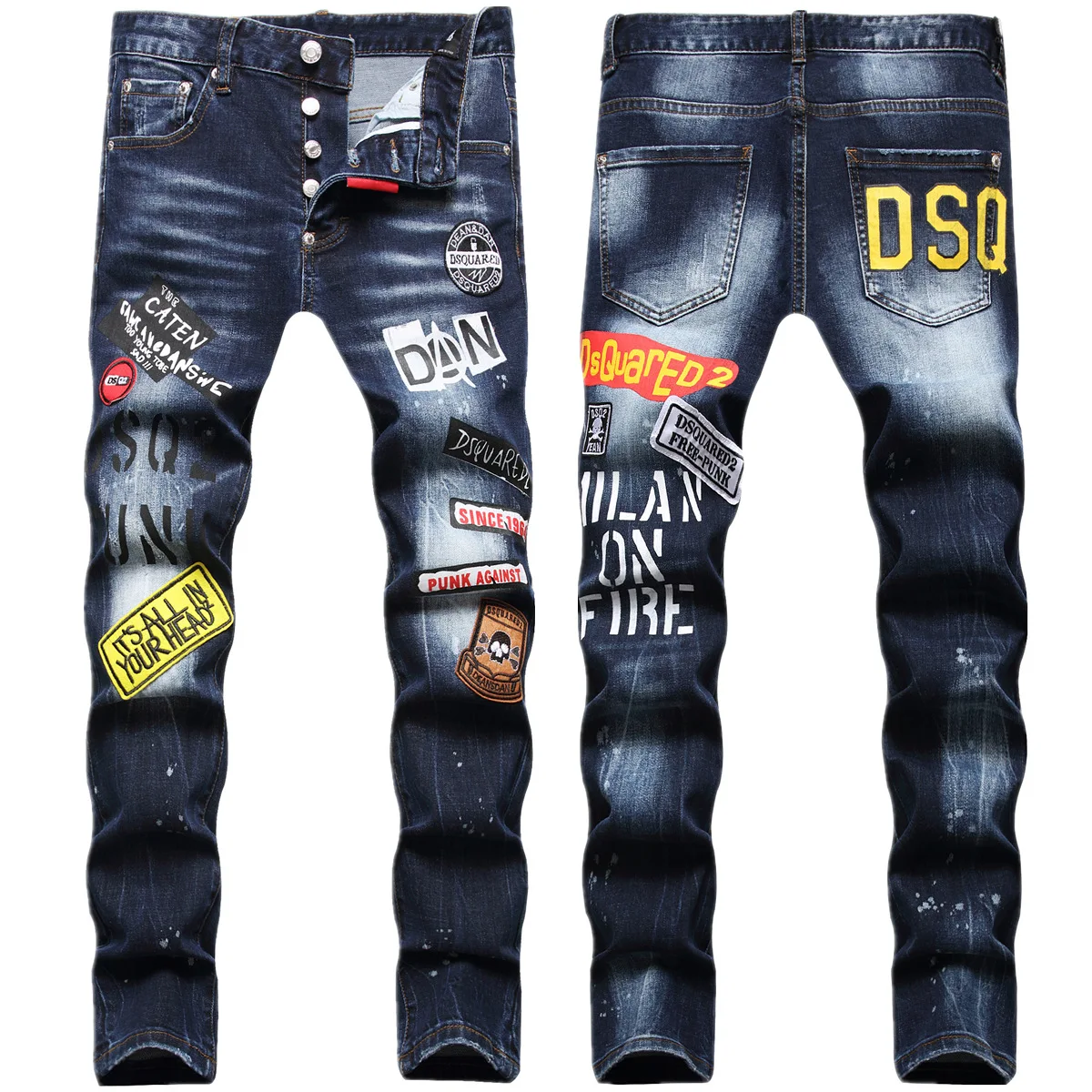 2024 Autumn New Trendy Brand Printed Fashion Men's Jeans Trendy Slim Fit Small Feet Mid Waist Pants for Men