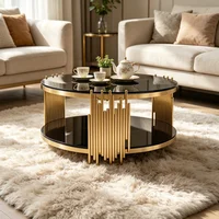 Table basse moderne en verre noir, luxe, ronde, double plateau en verre avec base en acier doré pour salon, bureau à domicile 6