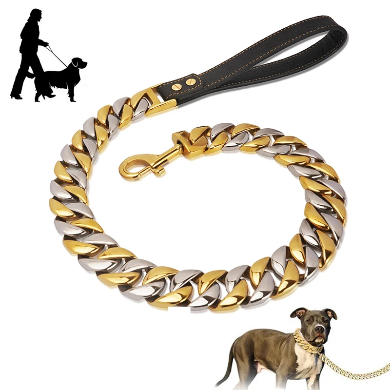 

32mm Wide Gold Dog Chain Leash for Large Dogs Heavy Strong Stainless Steel Metal Chew Proof Pet Chains Lead