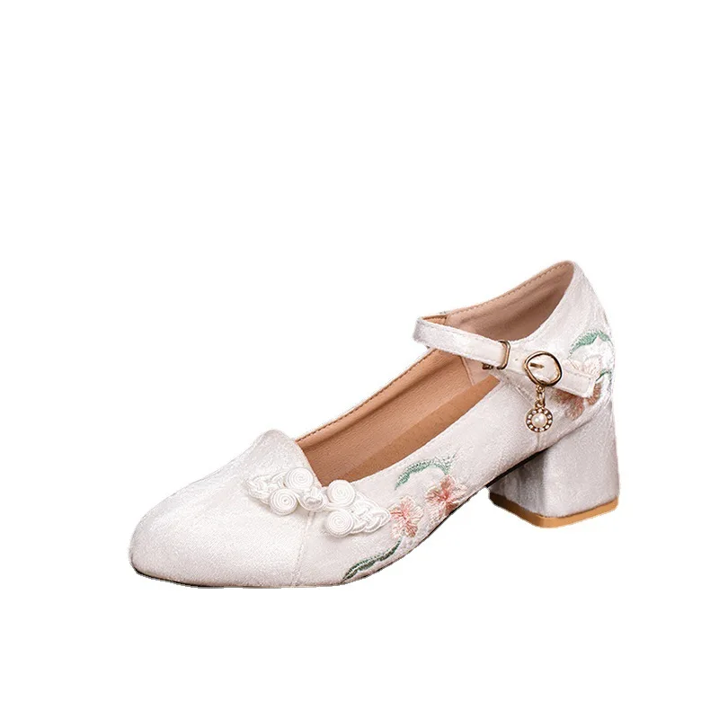 

High Heels Women's Elegant Mmedium Heel Embroidered Bejing Cloth Shoes Woman Spring Summer 2022 Trend Pumps Black White New