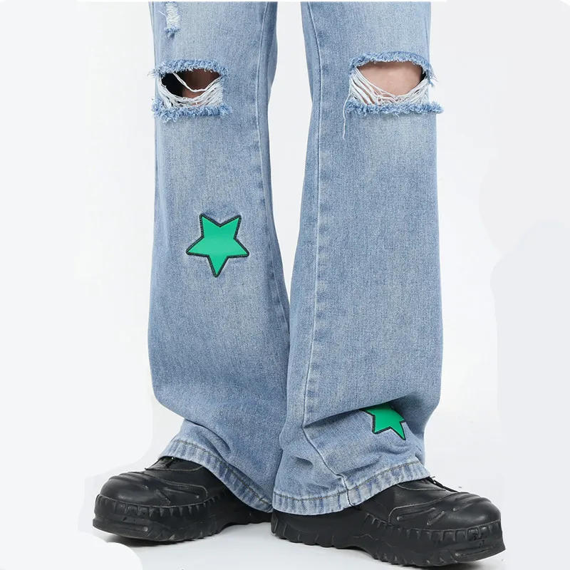 2022 New Fashion Letter Star Embroidery Baggy Men Hip Hop Jeans Pants Ripped Hole Straight Vintage Denim Trousers Pantalon Homme