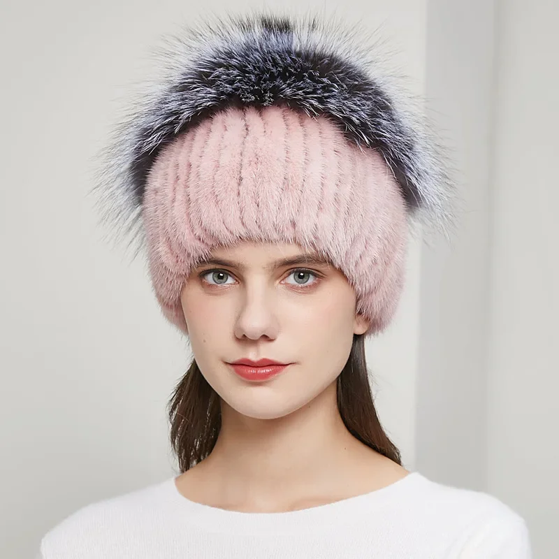 

Winter Hot Selling Women's Real Woven Mink Hat Warm Thickened Fox Fur Grass Oversize Female Knitted Adult Windproof Cap
