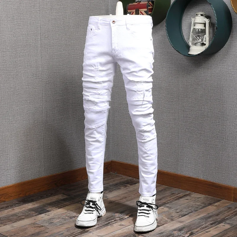 

Summer Men's White Jeans Casual Cotton Slim Fit Straight Pants Mens Fashion Streetwear Ripped Patches Denim Trousers