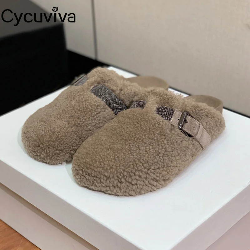 

Hot Sale Real Fur Half Slippers Women Flat Platform Slides Slip On Crystal Decor Casual Shoes For Woman Autumn Brand Slippers