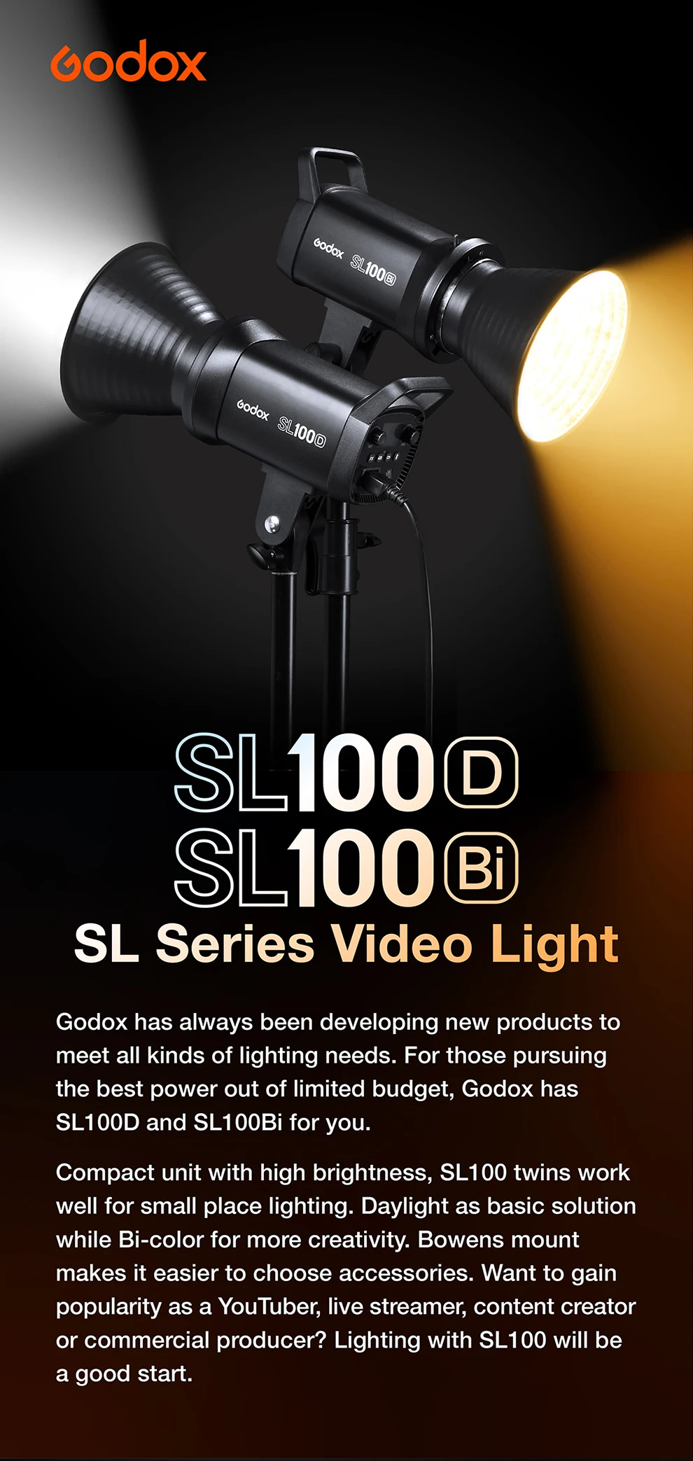SL100Bi 100W LED Video Light 2800-6500K White/Yellow Switchable LCD Panel Contin