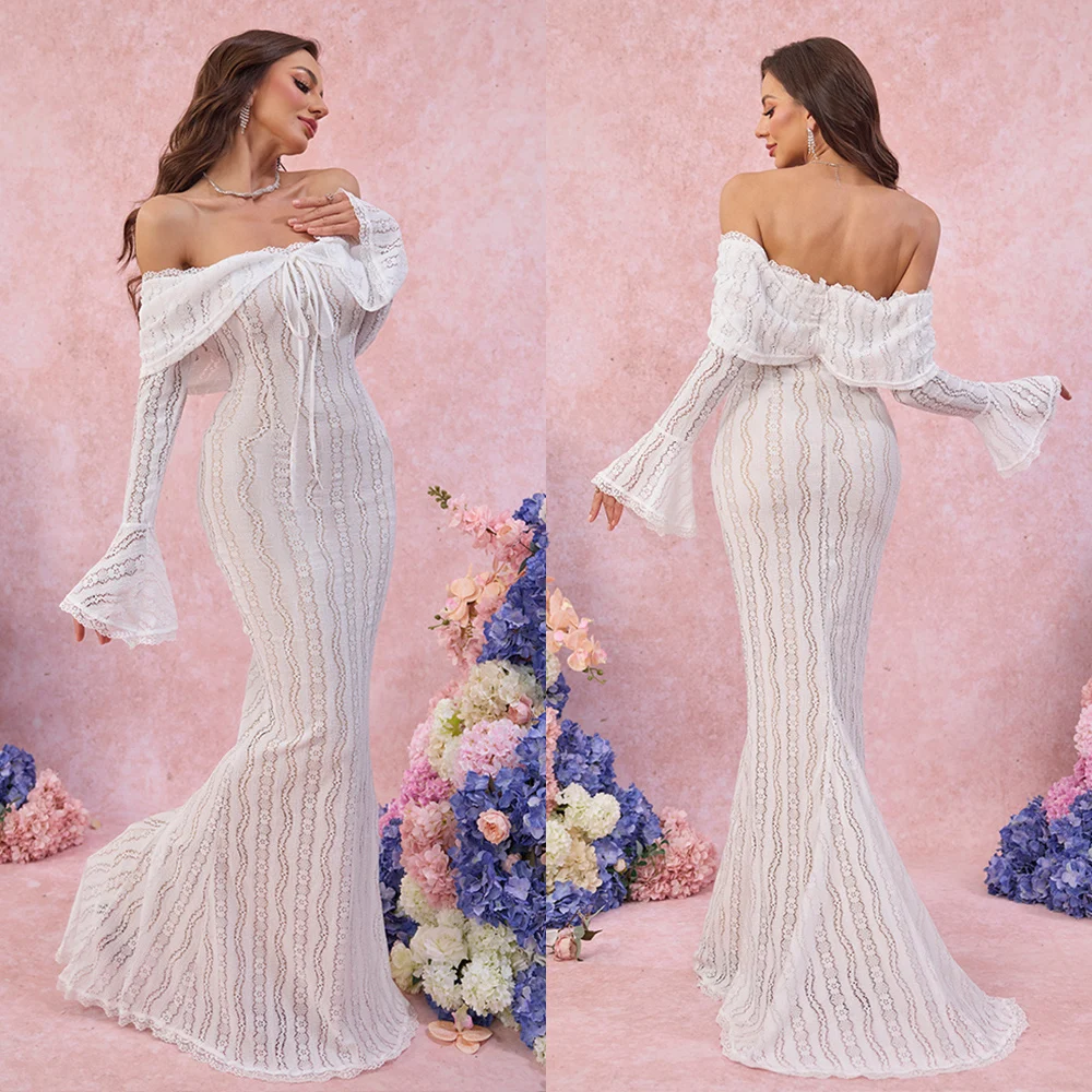 White Off Shoulder Lace Maxi Dress with Long Sleeves