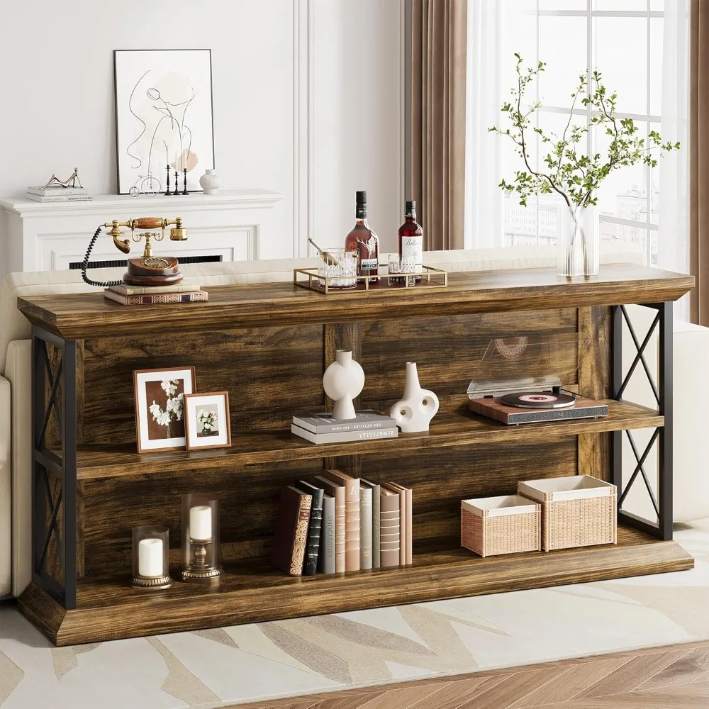 63 Inch Long Console Table with 3-Tier Storage, Industrial Wooden Sofa Table for Living Room Entryway