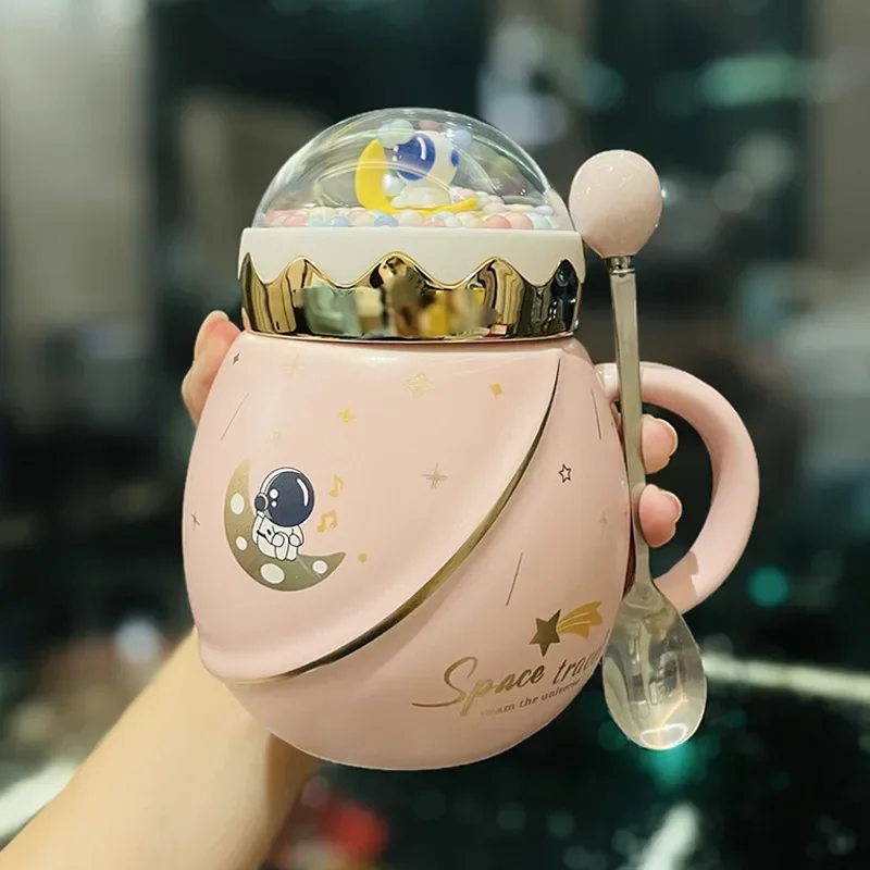 우주 비행사 시리즈 우주 머그잔, 커버 스푼 포함, 세라믹 커플 물컵, 소녀 선물 세트, 남자 친구 선물