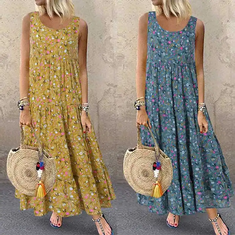 

2023 Women Bohemian Maxi Dress Summer Casual O Neck Sleeveless Tank Long Dresses Vintage Floral Print Loose Beach Vestidos