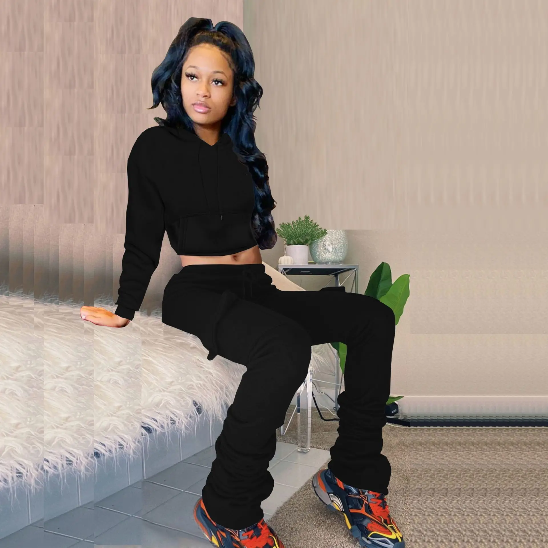 

Повседневный Женский флисовый утепленный костюм, топ с капюшоном с длинным рукавом и облегающие брючные костюмы, Осенний Однотонный женский комплект из 2 предметов