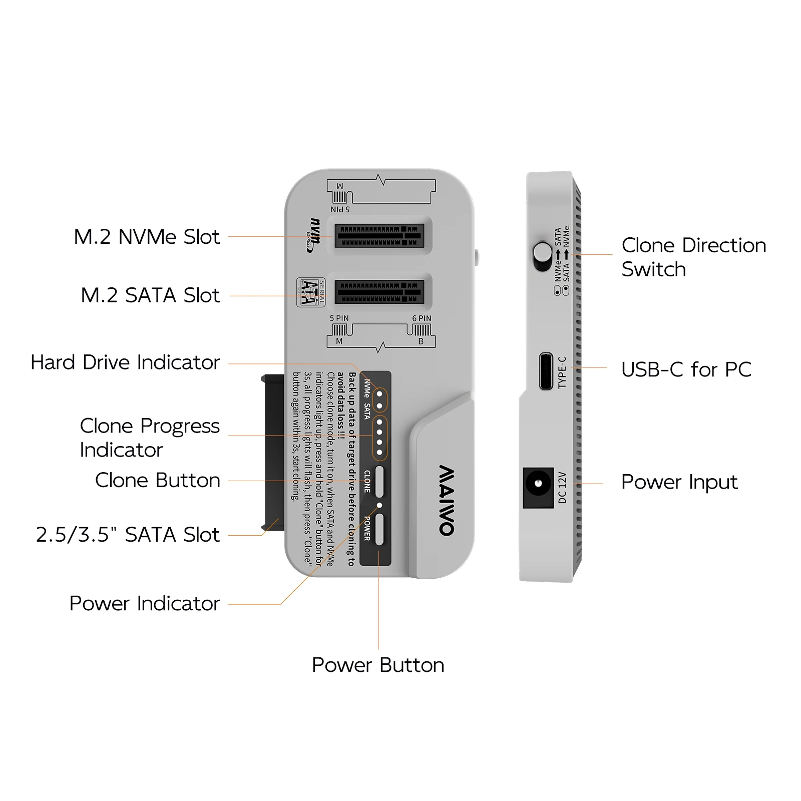 MAIWO 3베이 도킹 스테이션 M.2 NVMe SATA SSD 케이스 & 2.5/3.5인치 SATA HDD 인클로저, 30TB/8TB 지원, 오프라인 복제용 어댑터