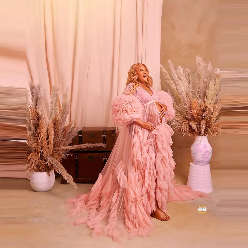

Elegant Pink Ruffles Draped Long Maternity Robes Fully Pleated Ruffled Tulle Pregnancy Dress Lush Sheer See Thru Mesh Women Gown