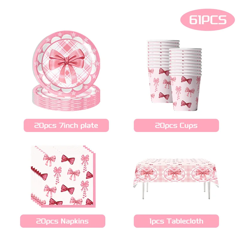 Rosa Schleife Geburtstag Party Dekoration Geschirr Tassen Teller Servietten Ballon Set Geschenktüte Banner Kuchen Topper Mädchen Kind Partyzubehör – Detail 8