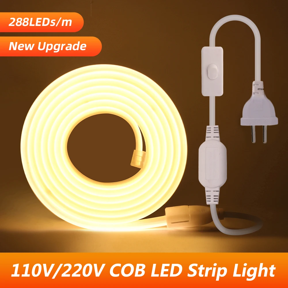 

110V 220V Neon COB LED Strip With OFF/ON Switch 288LEDs/m Super Bright Neon Light Waterproof Silicone Tube 3000K 4000K 6000K