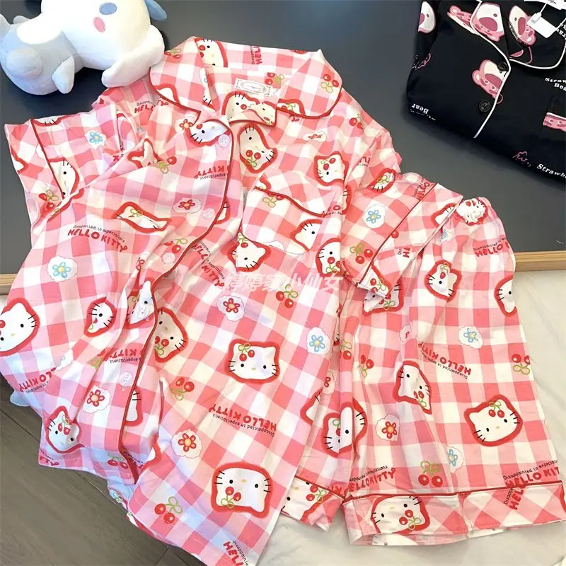 

Kawaii Sanrio Hello Kittys пижамный комплект с героями мультфильмов аниме шорты с коротким рукавом Милая футболка Летняя Мягкая дышащая Домашняя одежда подарки для девочек