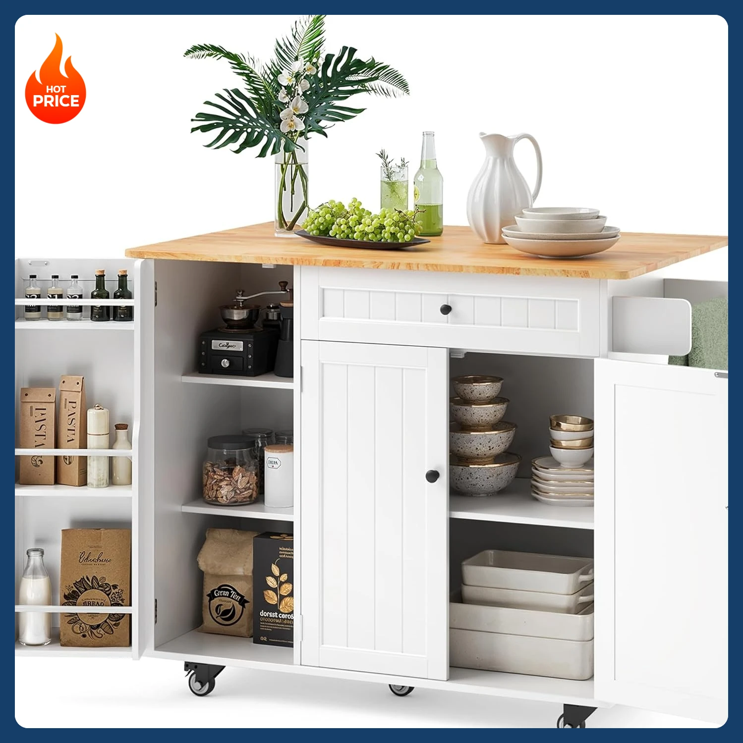 [Best Seller!]Kitchen Island with Storage, Island Table for Kitchen with Drop Leaf, 5 Wheels, Interal Storage Rack, a Drawer, Sp