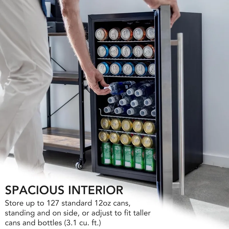 120-Can Beverage Refrigerator with Glass Door, 3.1 Cu Ft Freestanding Drink Mini Fridge, BR-130SB, Stainless Steel 4