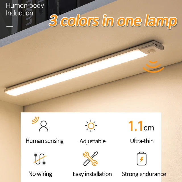 Lampe d'armoire LED sans fil avec capteur de mouvement PIR, veilleuse aste  USB, éclairage d'armoire de cuisine, ultra mince, 20 cm, 30 cm, 40cm
