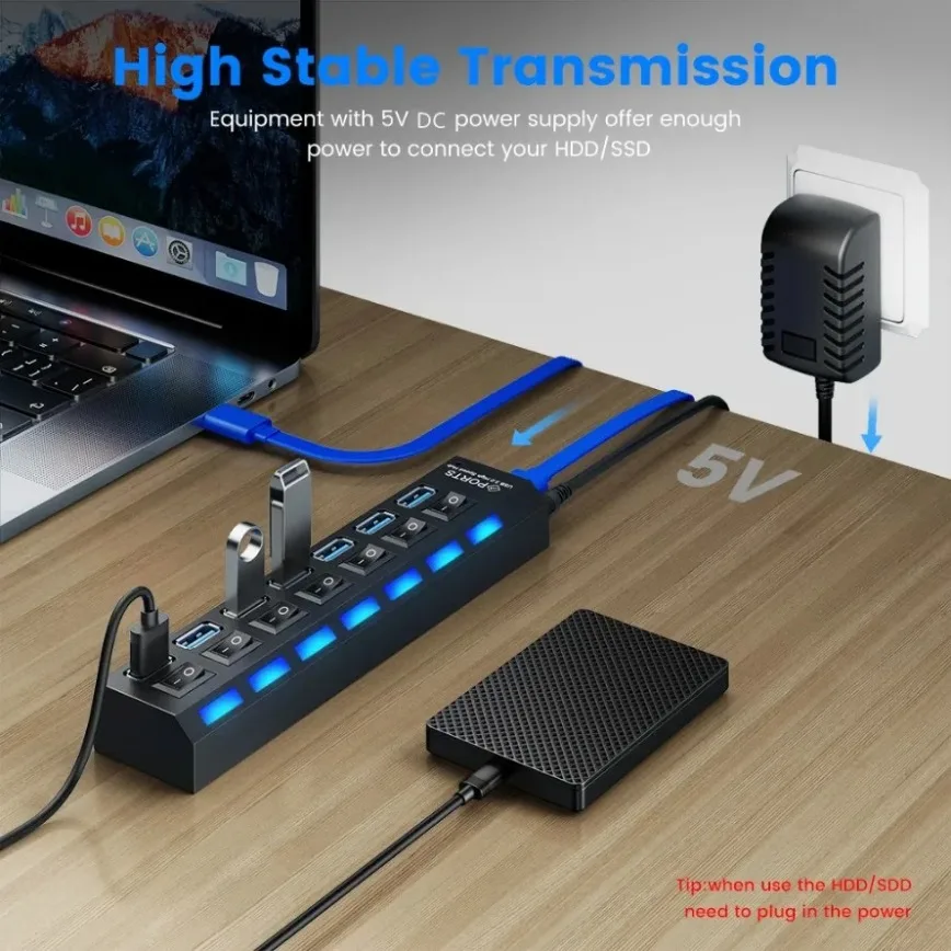 High-Speed 7-Port USB 3.0 Hub with Individual Power Switches and LED Indicators