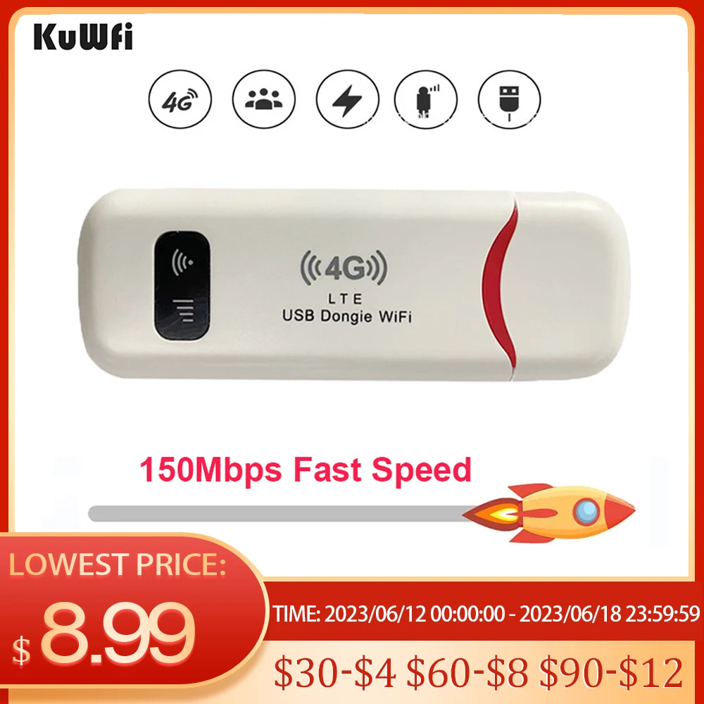 KuWFi Clé 4g 150 Mbps, 4G LTE USB Dongle, Modem 4g Avec Emplacement Pour Carte Sim Prise En Charge B1 B3 B7 B8 B20 Point Dacces Wifi Portable Connecter 8 A 10 Utilisateurs En Meme Temps Ld933 Fich