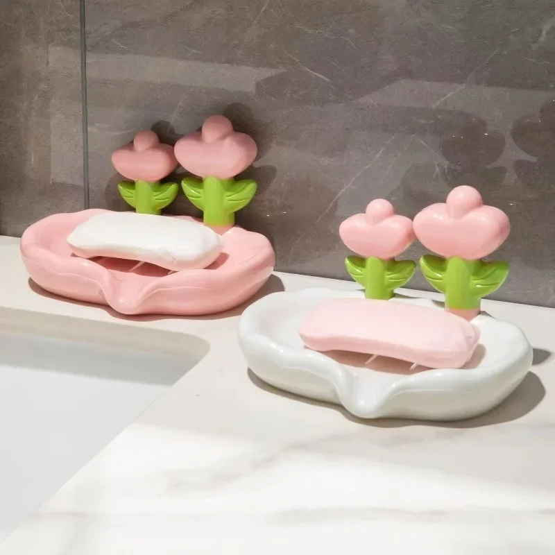 Soap container Flower Soap dish High Aesthetic Value Light Luxury Plastic Box No Punching Home Sink Storage Rack