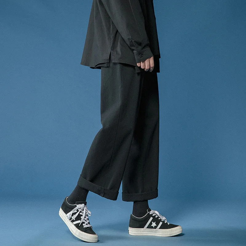 Casual Pant Men Cotton Baggy Wide Leg Pants Ankle Length Elastic Waist Loose Straight Trousers Men