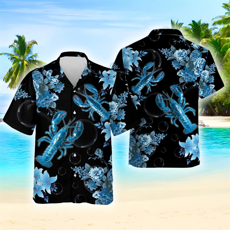 Hawaiian Lobster Anchor 3D Printed Shirts For Men Clothes Harajuku Fashion Seafood Beach Shirt Aloha Short Sleeve Blouses Tops 3