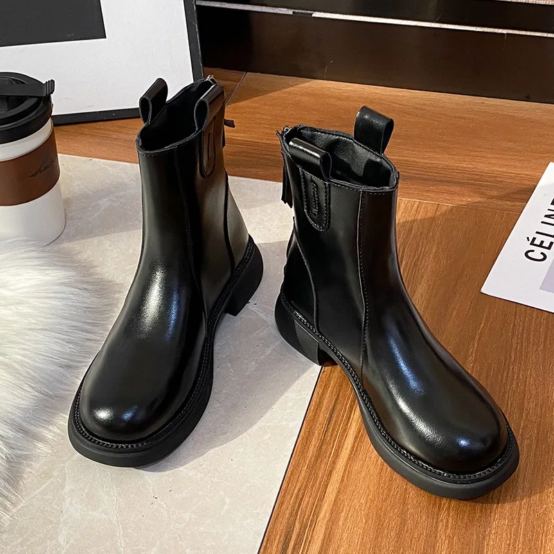 Women's Thick Sole Short Boots British Style Round Head Solid Colour Platform Boots Back Zip Non-slip Shoes Botas Para Mujeres