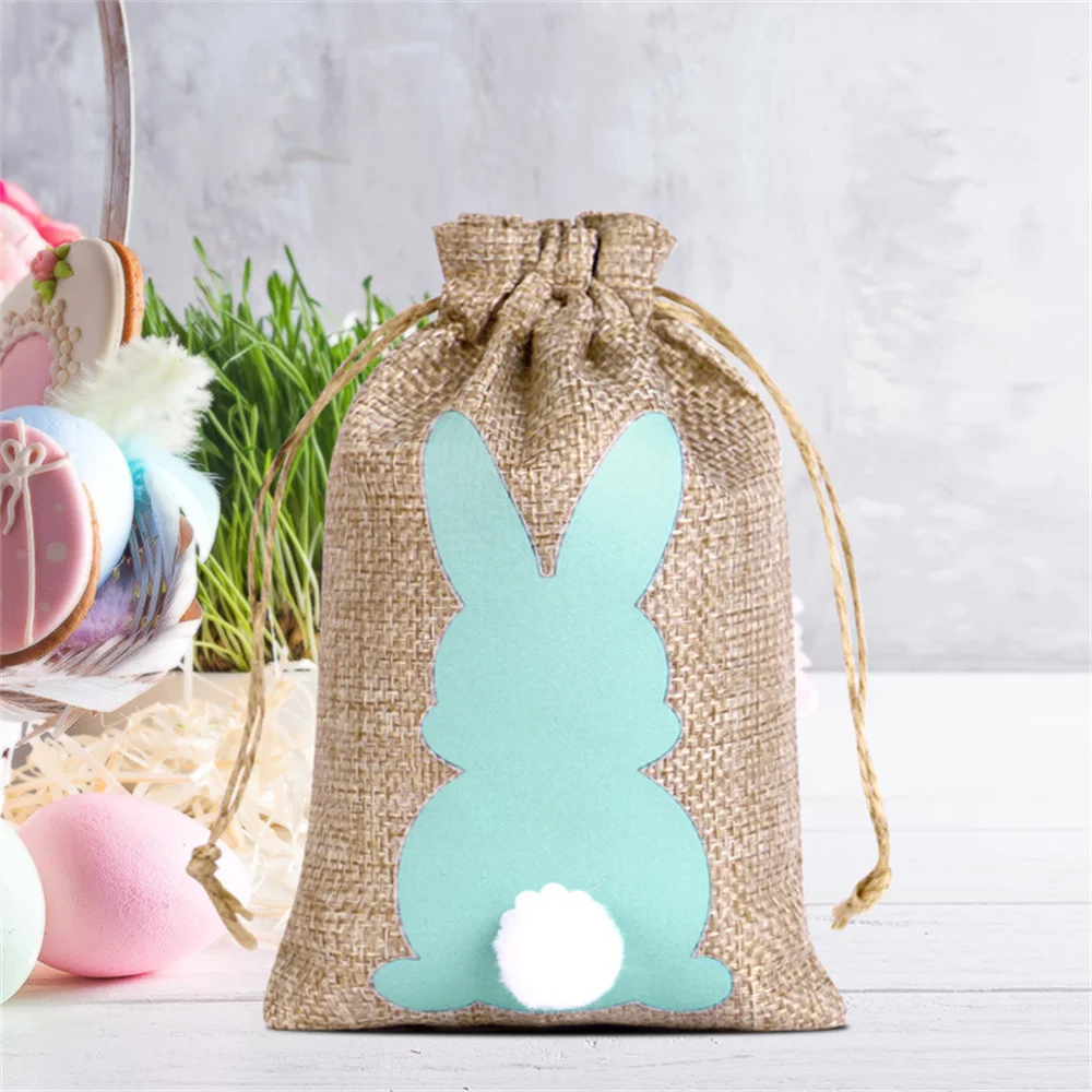 1pcs Easter Burlap Bag Drawstring Gift Bag Easter Bunny Rabbit Linen Jute Bag With Fluffy Tail Gift Pouch Bag Party Favor