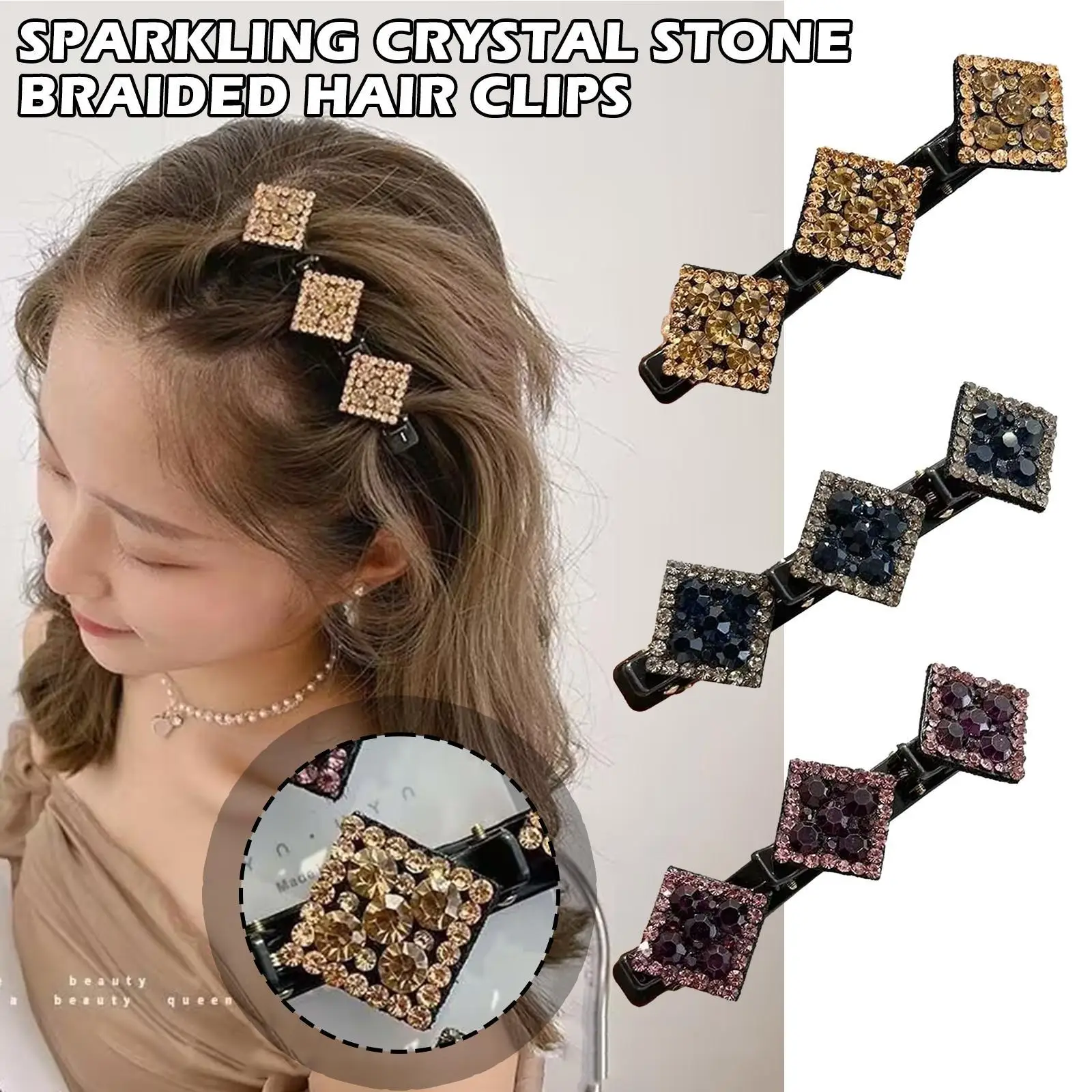 

Sparkling Crystal Stone Braided Hair Clips, Satin Rhinestone Fabric Hair Bands Womens Double bangs twist plait hairstyle hairpin