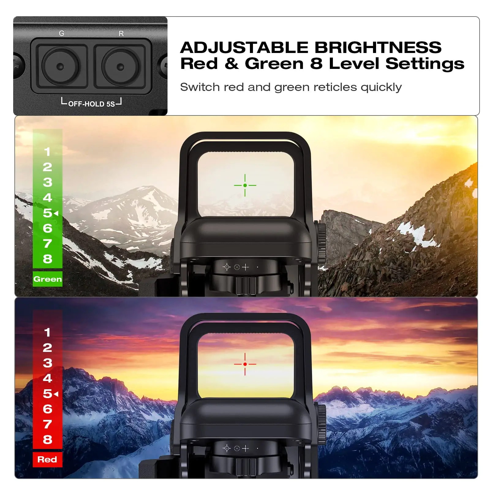 MidTen Scope Riflescope 1X22X33mm Red Green Dot 4 Reticles Sight Quick Detach Optical Collimator Mount 20mm Rail