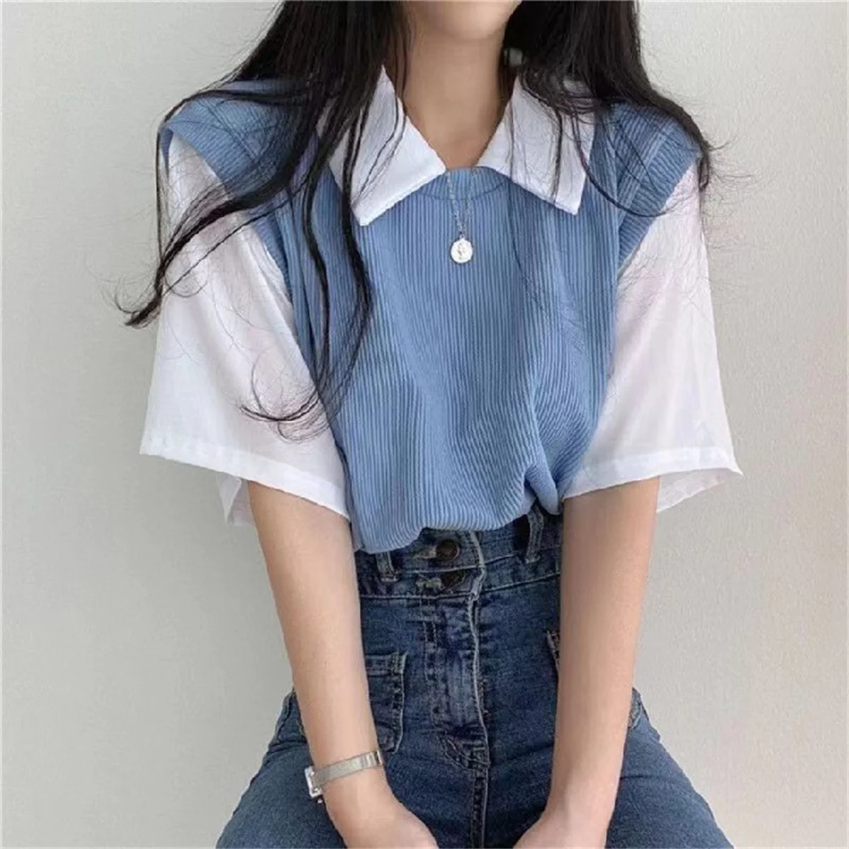 여성용 레이지 루즈 페이크 투피스 반팔 티셔츠, 컬러 블로킹 폴로 칼라 탑, 캐주얼 다목적 블라우스, 아카데미 스타일, 여름